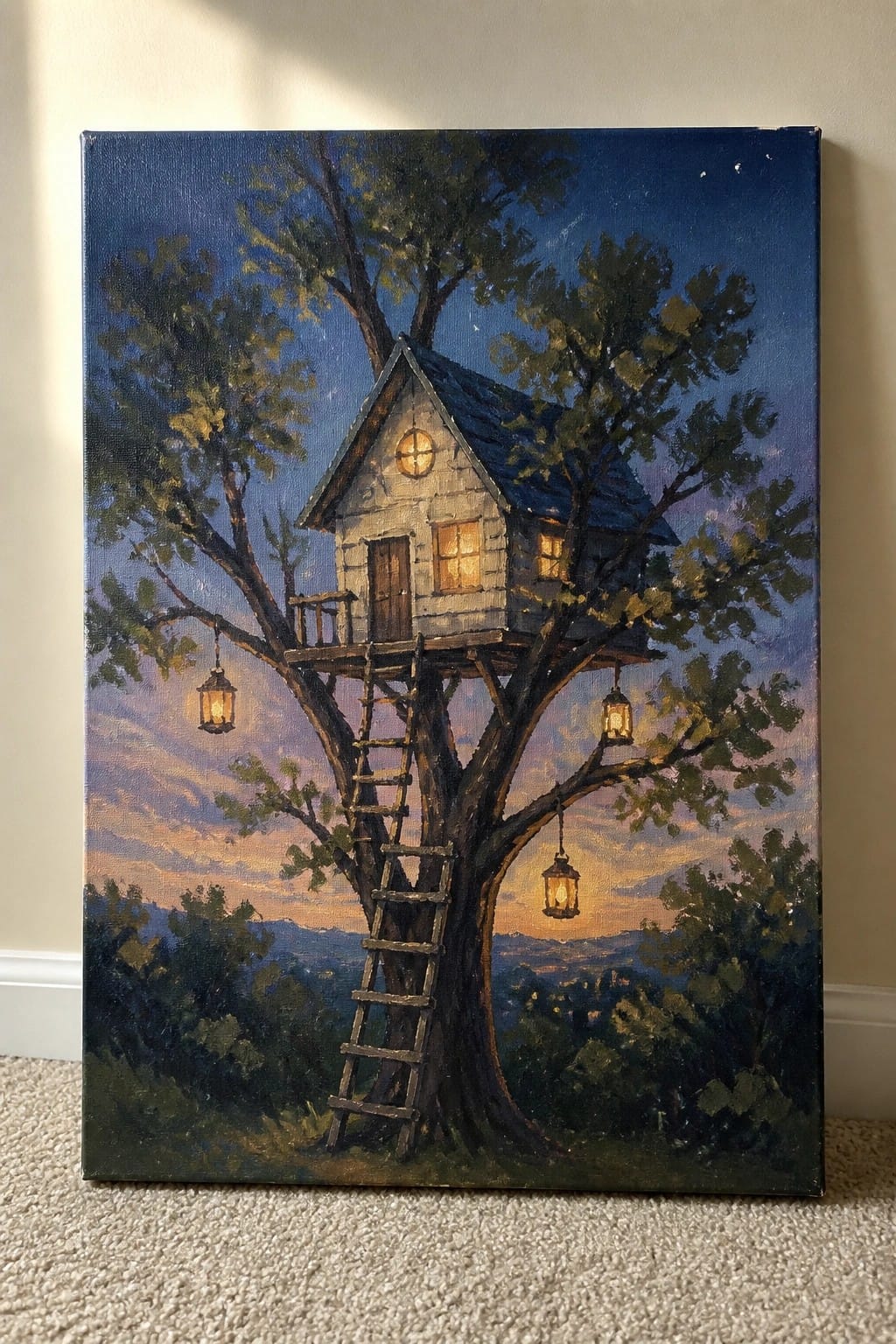 Treehouse with glowing windows, ladder, and lanterns in a tree at twilight.