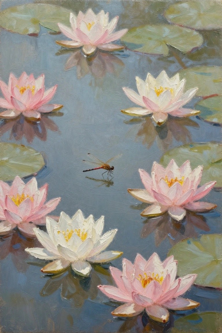 Pink and white water lilies on a pond with green pads and a dragonfly.