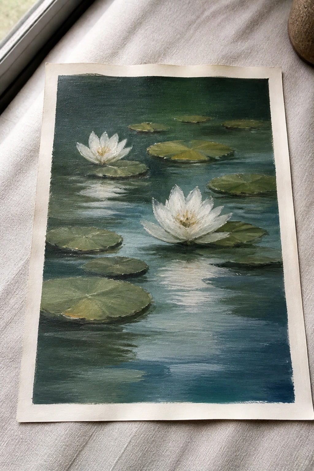 Painting of white water lilies blooming among green pads on dark teal water