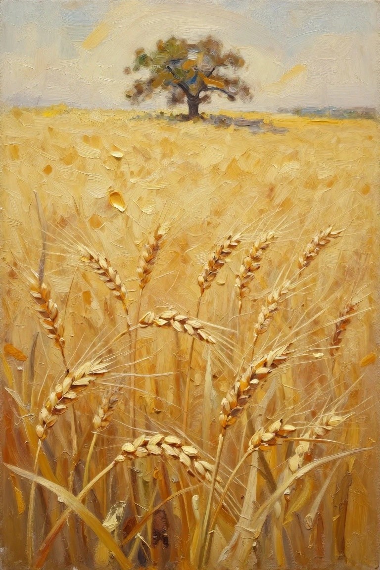 An oil painting depicts golden wheat stalks close up with a single tree visible in the distant background.