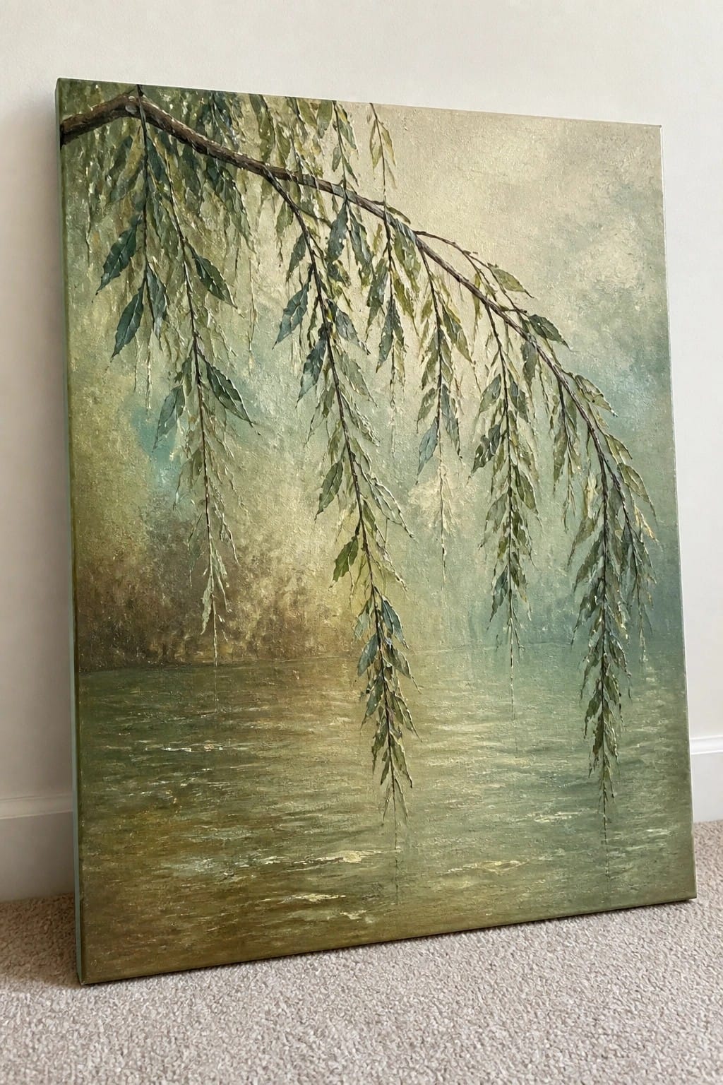 Weeping willow branches droop over misty green waters in a serene landscape painting.