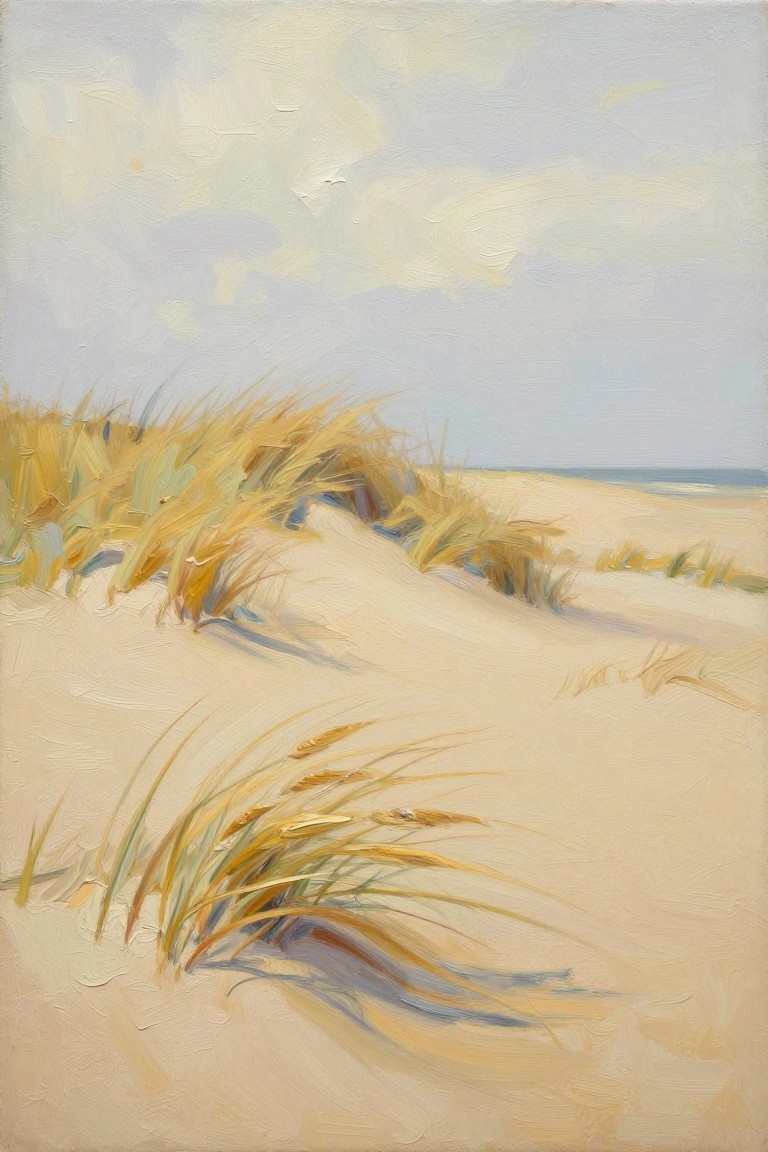 Golden grasses bending on sandy dunes beside calm ocean under pale sky