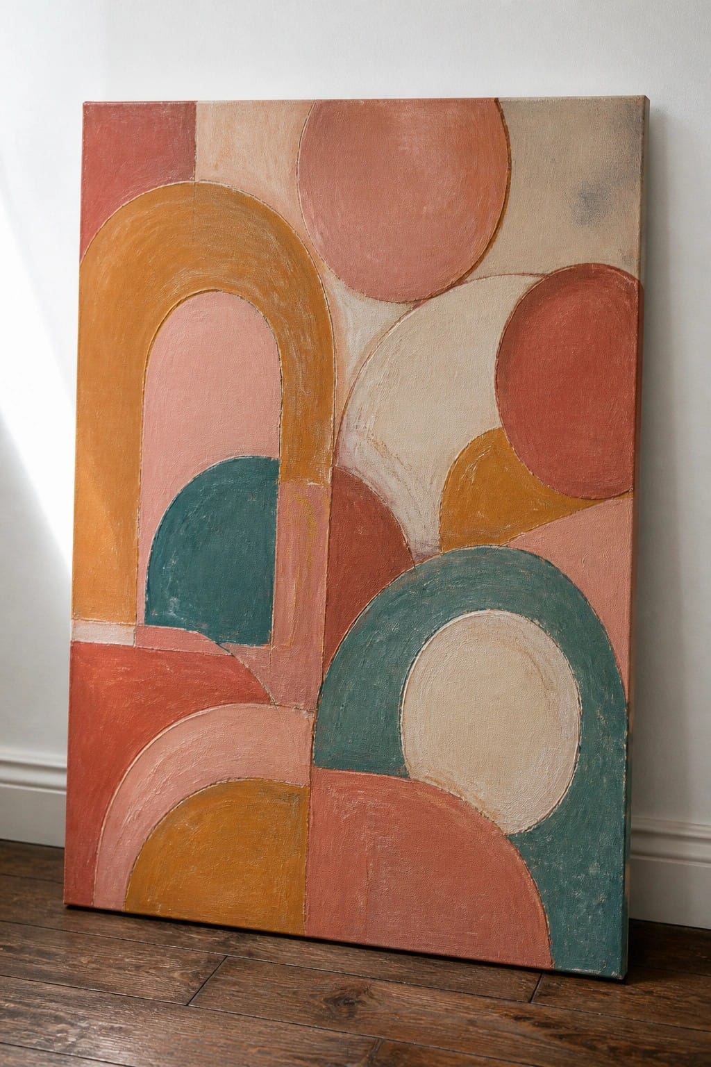 Abstract canvas with overlapping arches and circles in terracotta, teal, and ochre