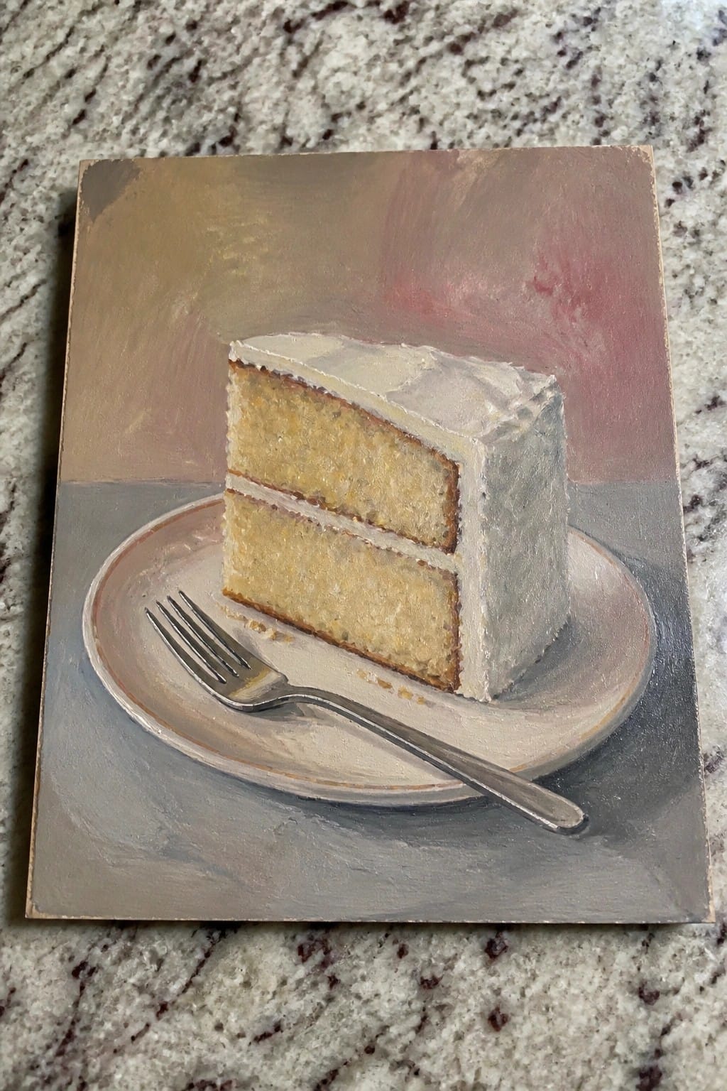 An oil painting of a slice of yellow cake with white frosting on a plate next to a metal fork.
