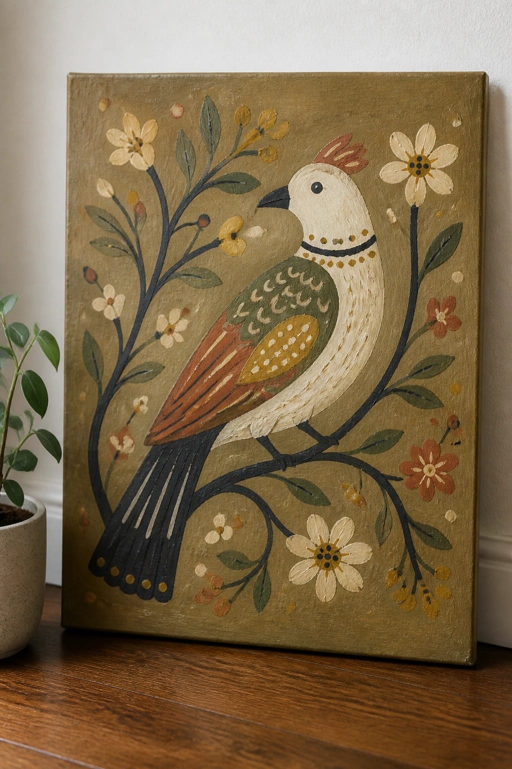 Folk-art painting of a bird with red crest on a flowered branch against olive background.