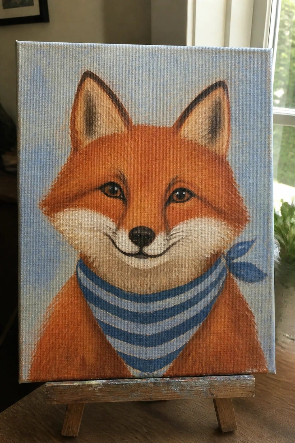 Orange fox painting with blue striped bandana on canvas atop wooden easel.