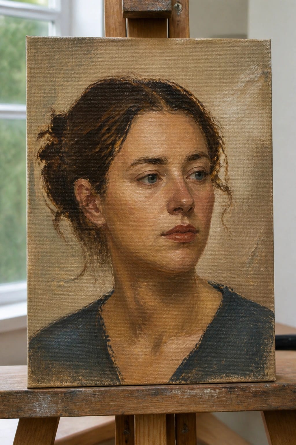 Oil portrait of a woman with dark hair in a bun on a wooden easel.