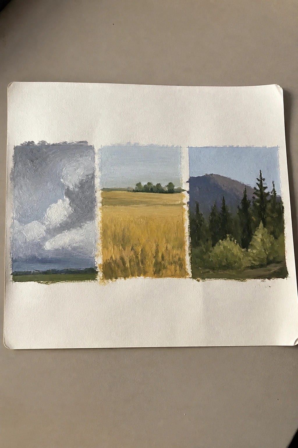 Three small oil paintings on paper showing a stormy sky over water, a golden wheat field, and a mountain with trees.