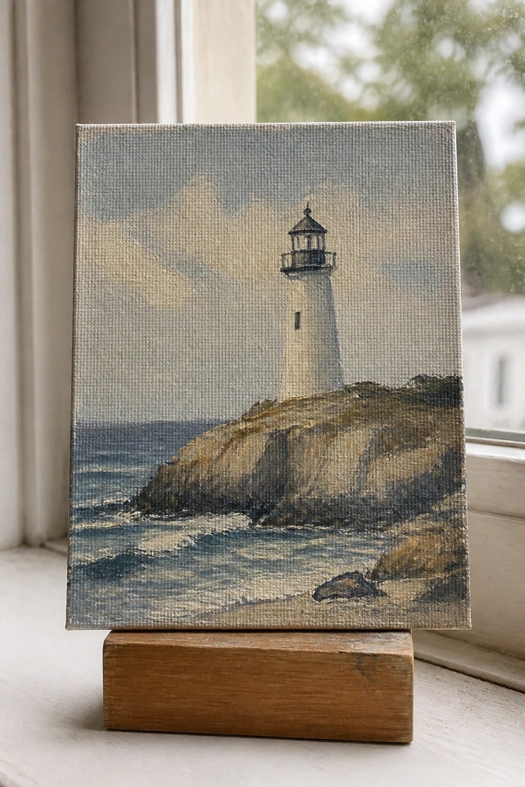 Small painting of white lighthouse on rocky cliff by ocean waves on wooden stand