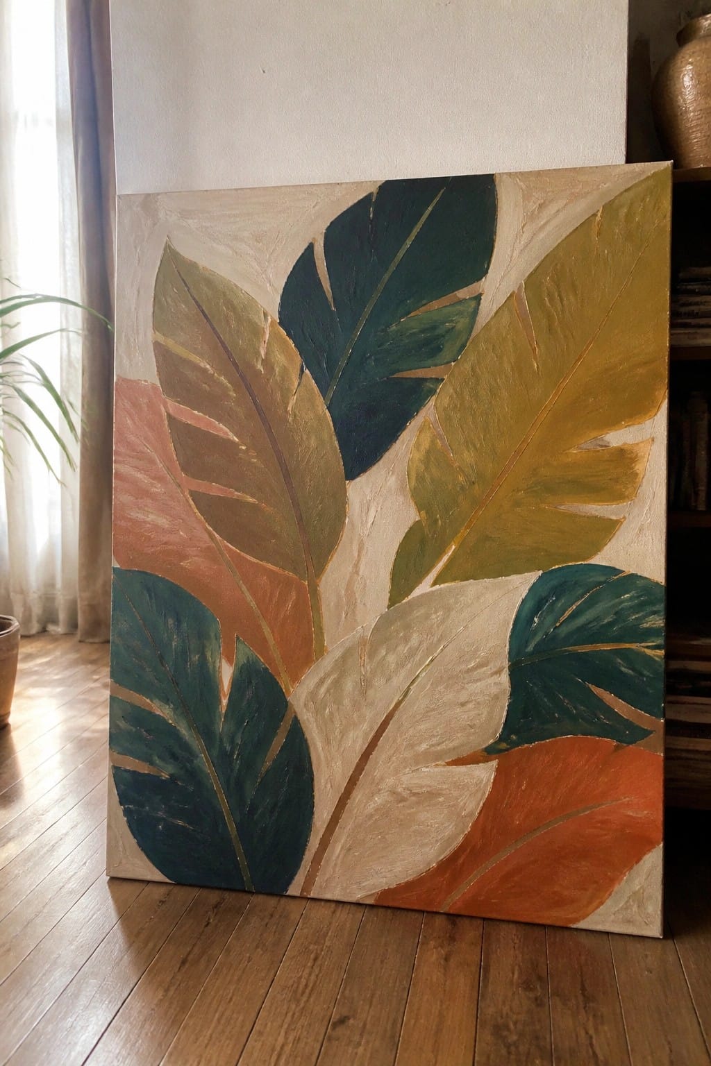 Large abstract painting of colorful tropical leaves in green, gold, and orange on wooden floor.