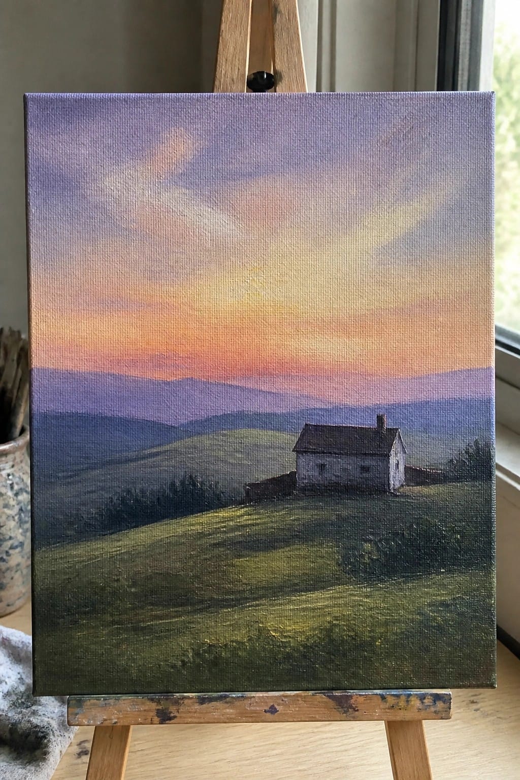 An oil painting of a small house on green hills at sunset with layered purple mountains and a sky blending purple, orange, and yellow, shown on a wooden easel.