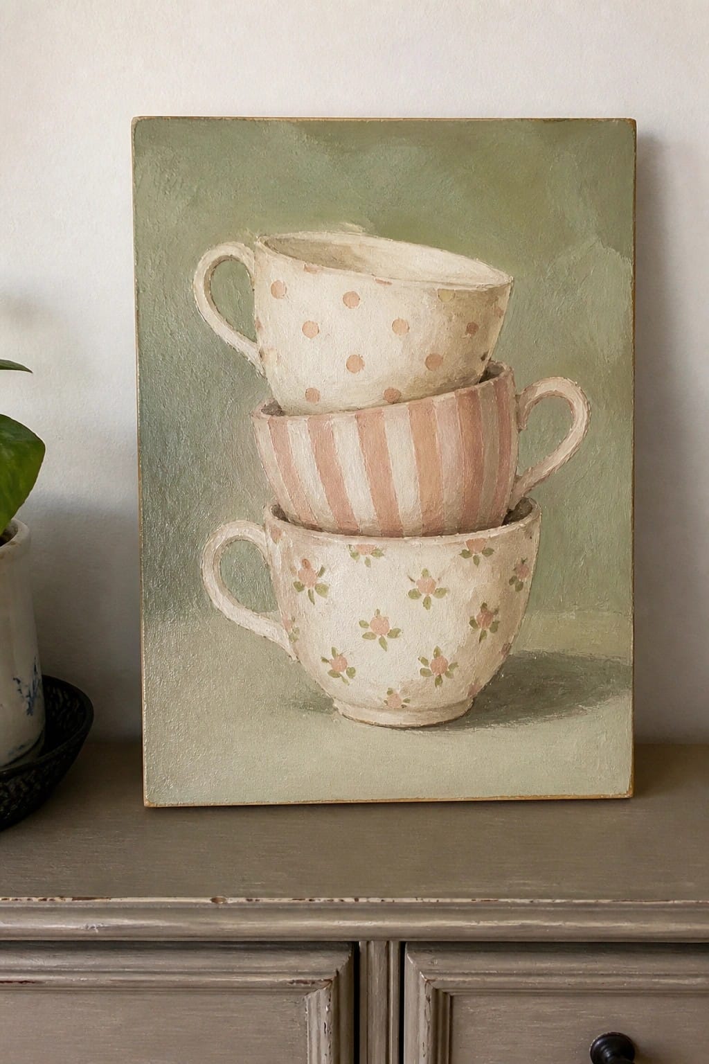 Three stacked patterned teacups on a soft green painted canvas.