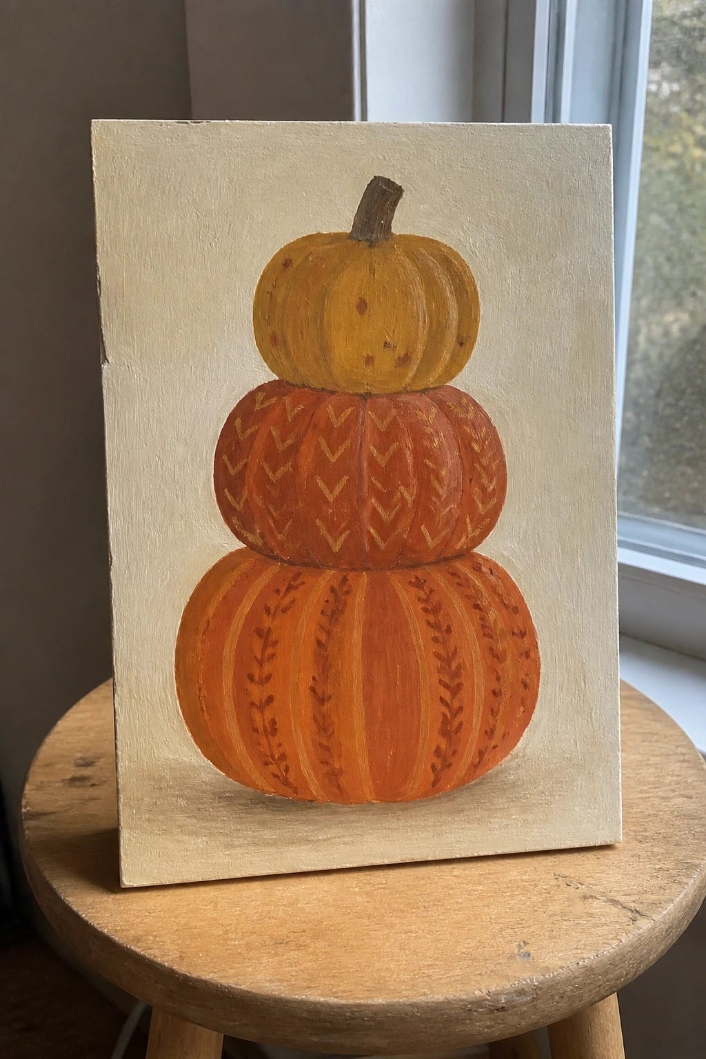 Three stacked orange pumpkins painted on canvas atop wooden stool.