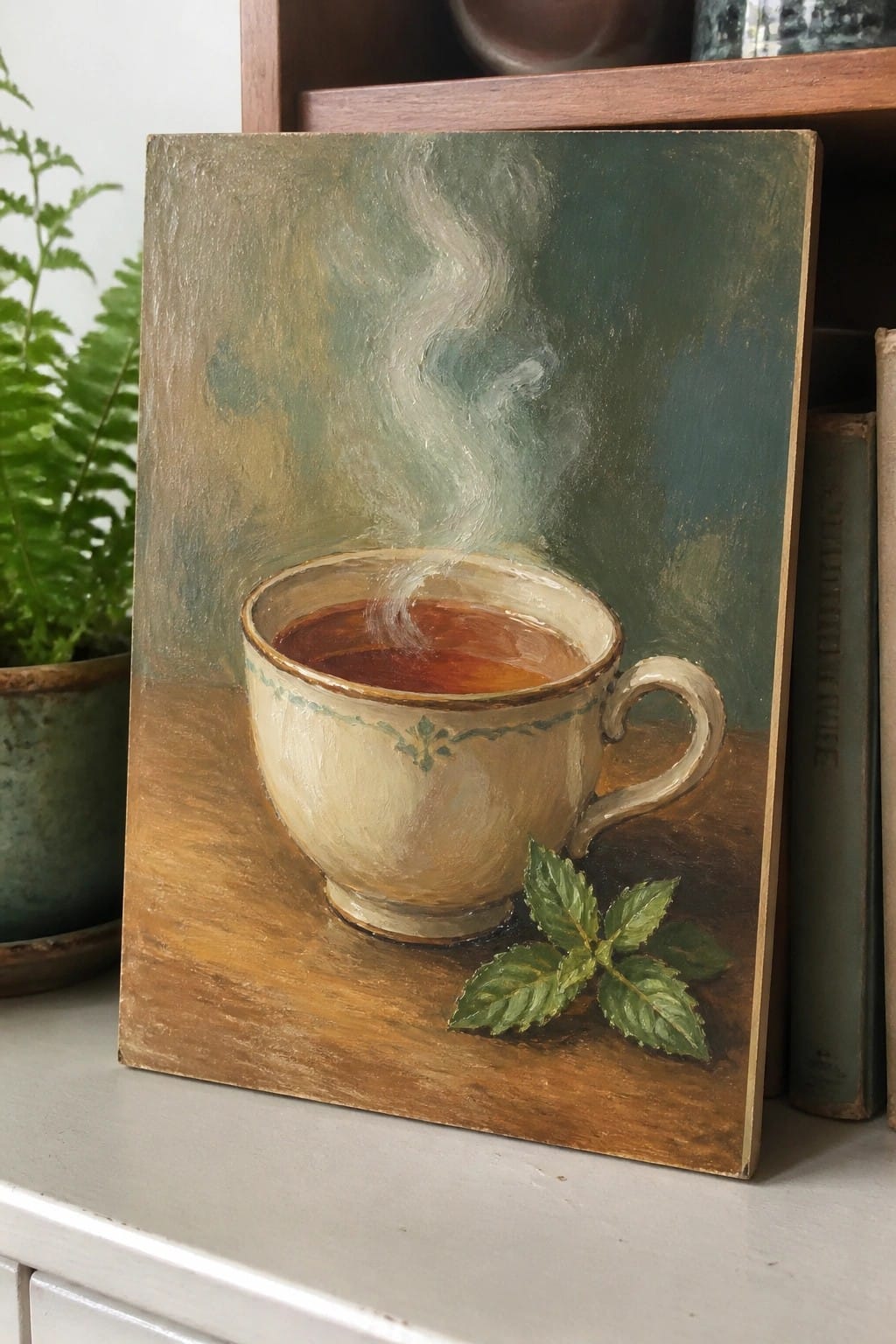 Oil painting of steaming teacup with mint leaves on wooden surface against green backdrop.