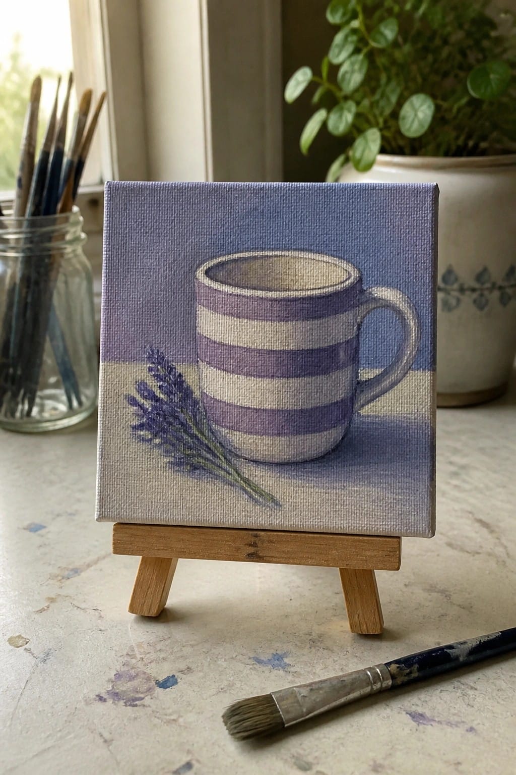 Small canvas on easel shows purple striped mug with lavender sprig