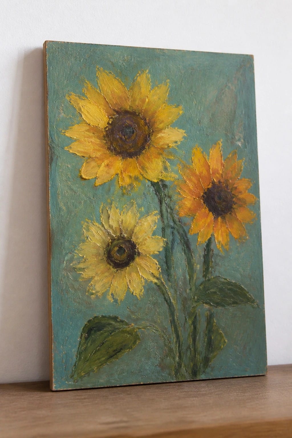 An oil painting of three yellow sunflowers with green leaves and stems against a textured teal background on a wooden surface.