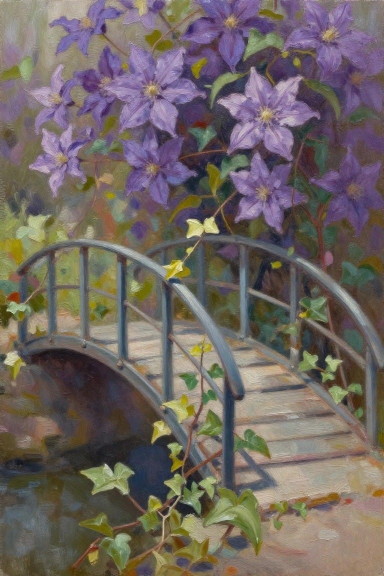 Purple clematis flowers over an ivy-covered arched bridge with wooden steps.