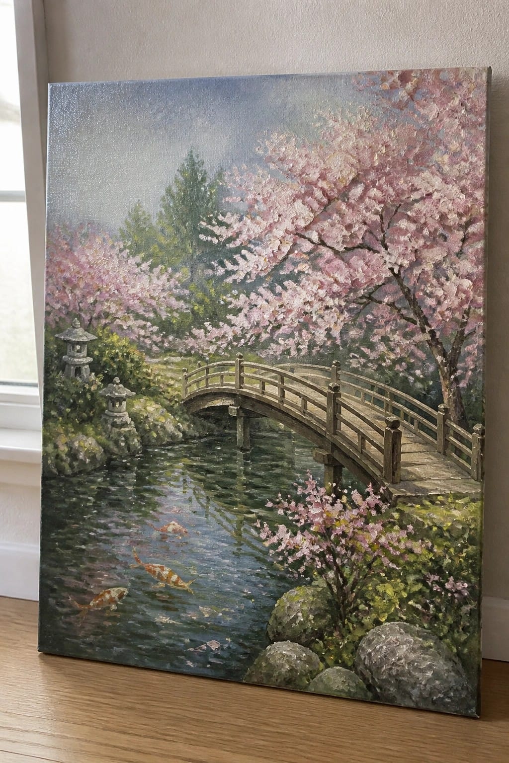 Oil painting of a wooden arched bridge over a pond with koi fish, pink cherry blossom trees on both sides, and stone lanterns near the water.