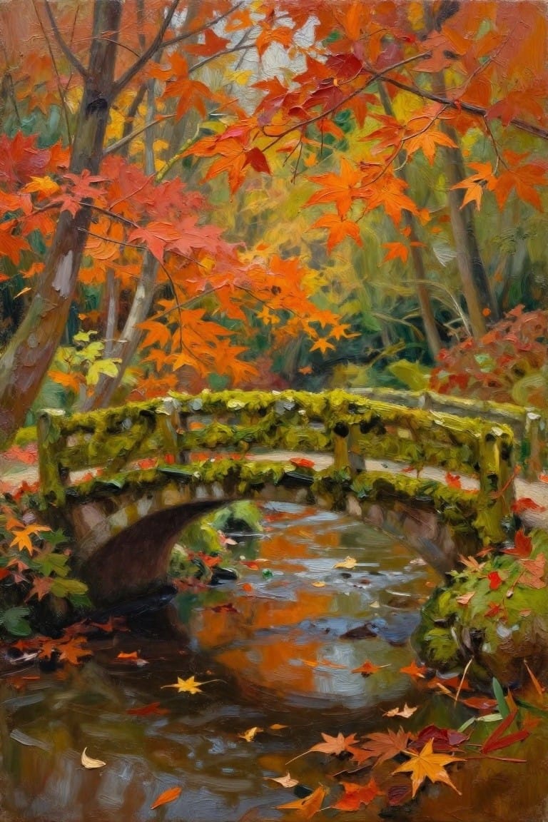 Moss-covered stone bridge arches over a leaf-strewn autumn stream amid vibrant foliage