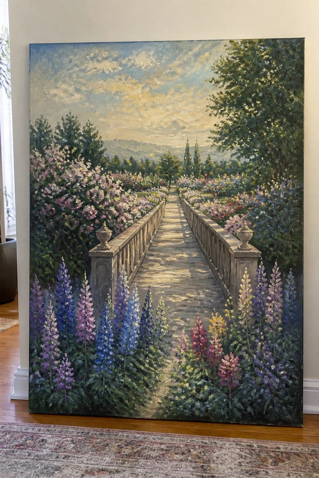 Oil painting of a railed wooden path through vibrant blooming flower gardens.