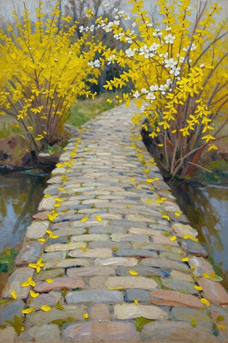 Oil painting of stone path lined with yellow forsythia bushes beside water.