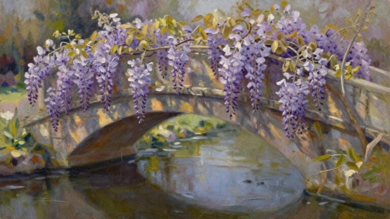 An oil painting of a curved stone bridge over water with purple wisteria hanging overhead and sunlight patches on the path.