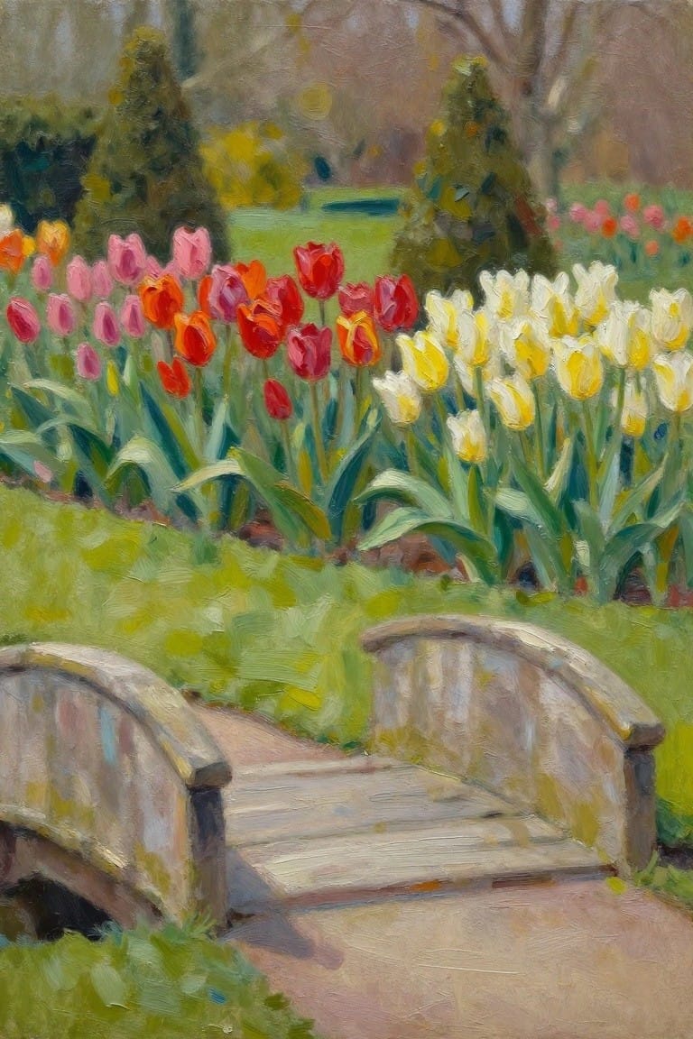 Vibrant red, pink, and yellow tulips beside a wooden garden bridge in spring.