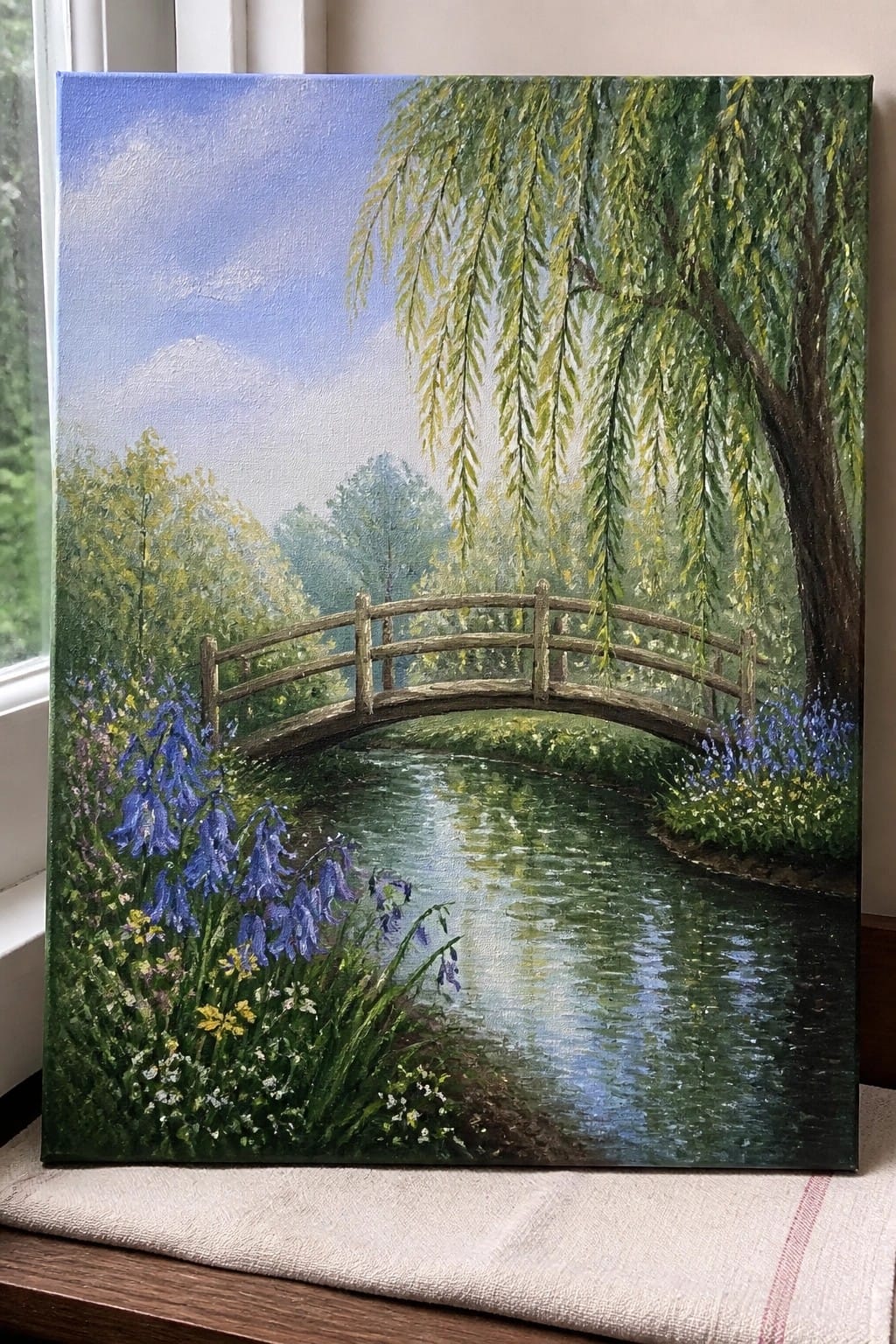 Landscape painting of wooden bridge over river with weeping willow and bluebells.