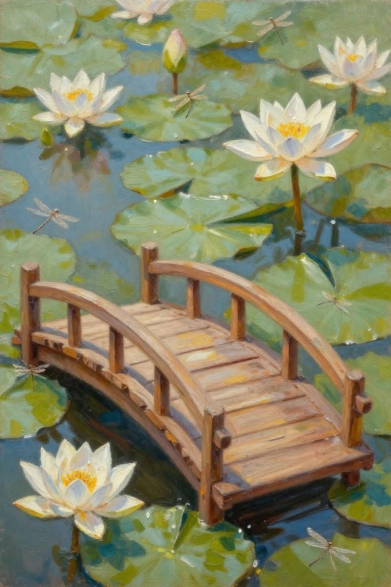 Arched wooden bridge over pond with white water lilies, green pads, and dragonflies in oil painting