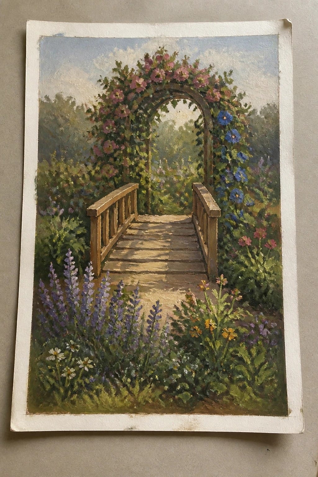 Wooden footbridge in a lush garden under an arch of pink and blue flowers.