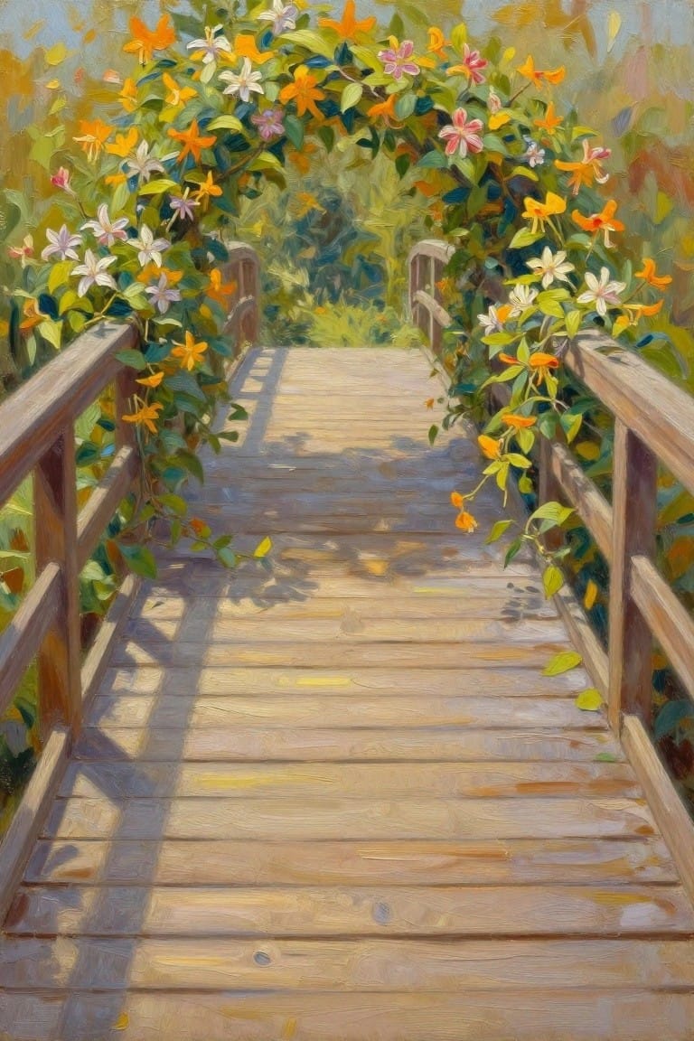 Sunlit wooden bridge path under arch of vibrant orange and white flowers.