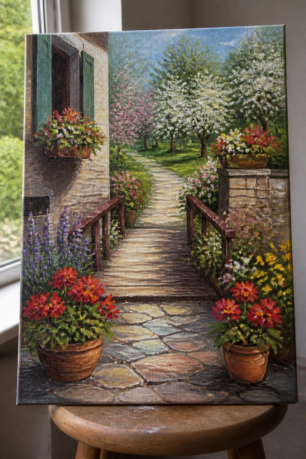 Colorful painting of flower pots along a stone path to a blooming garden.