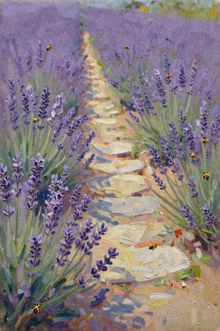 Oil painting of a winding path through purple lavender fields with bees.
