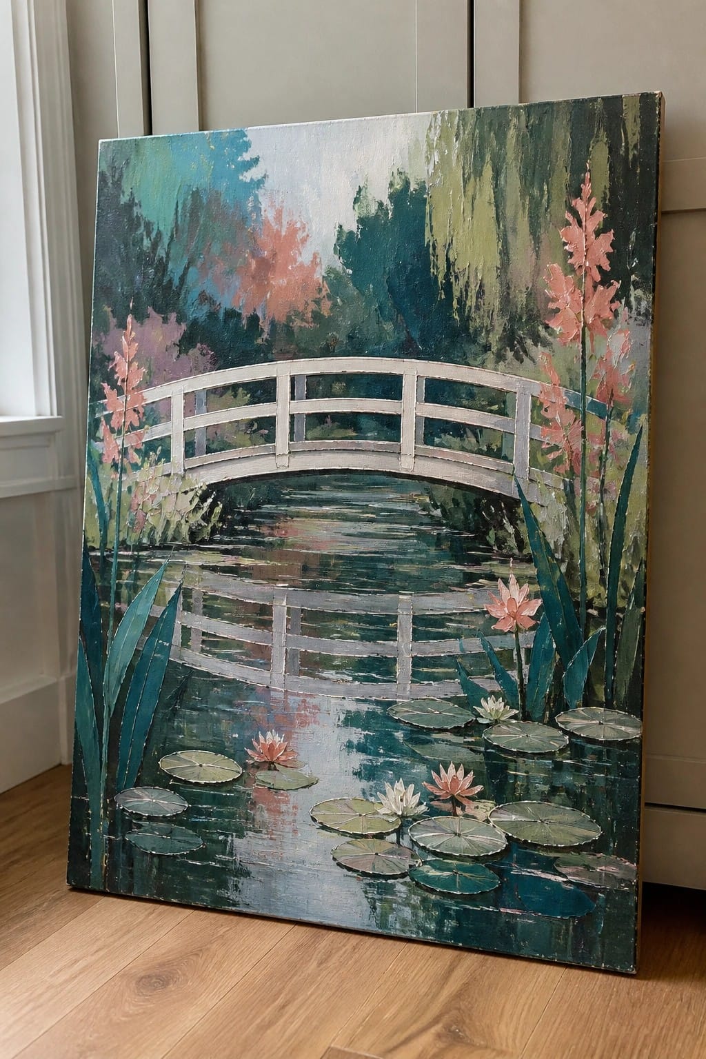 Impressionist painting of white bridge over lily pond with pink flowers and reflections