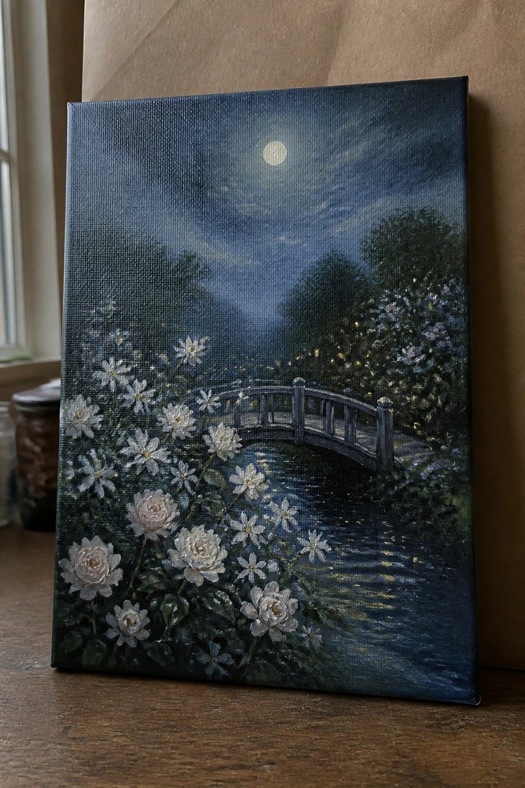 Moonlit bridge over water with white flowers and trees in nighttime painting
