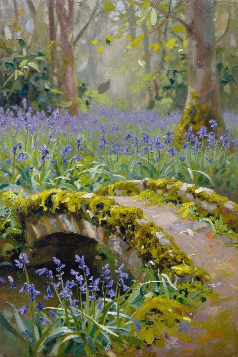 Moss-covered stone bridge amid purple bluebells in a lush forest painting.