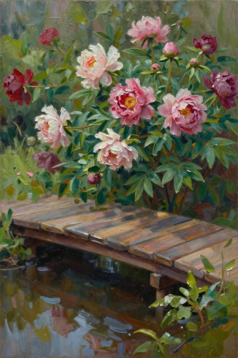 Wooden footbridge over water amid blooming pink and red peonies with green foliage
