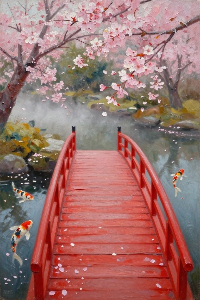 Red arched bridge over misty pond with koi fish amid falling cherry blossoms