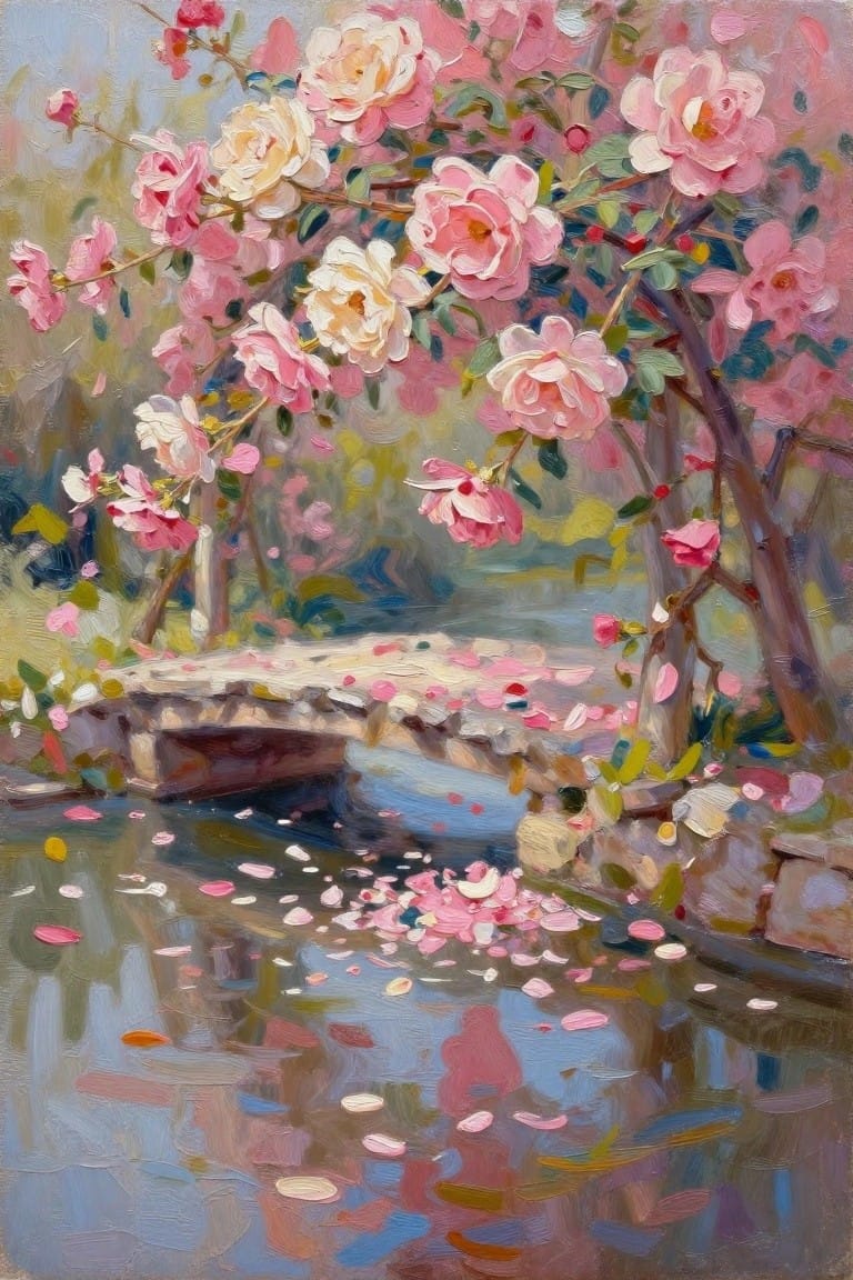 Pink and white blossoms arch over a stone bridge above a petal-strewn stream
