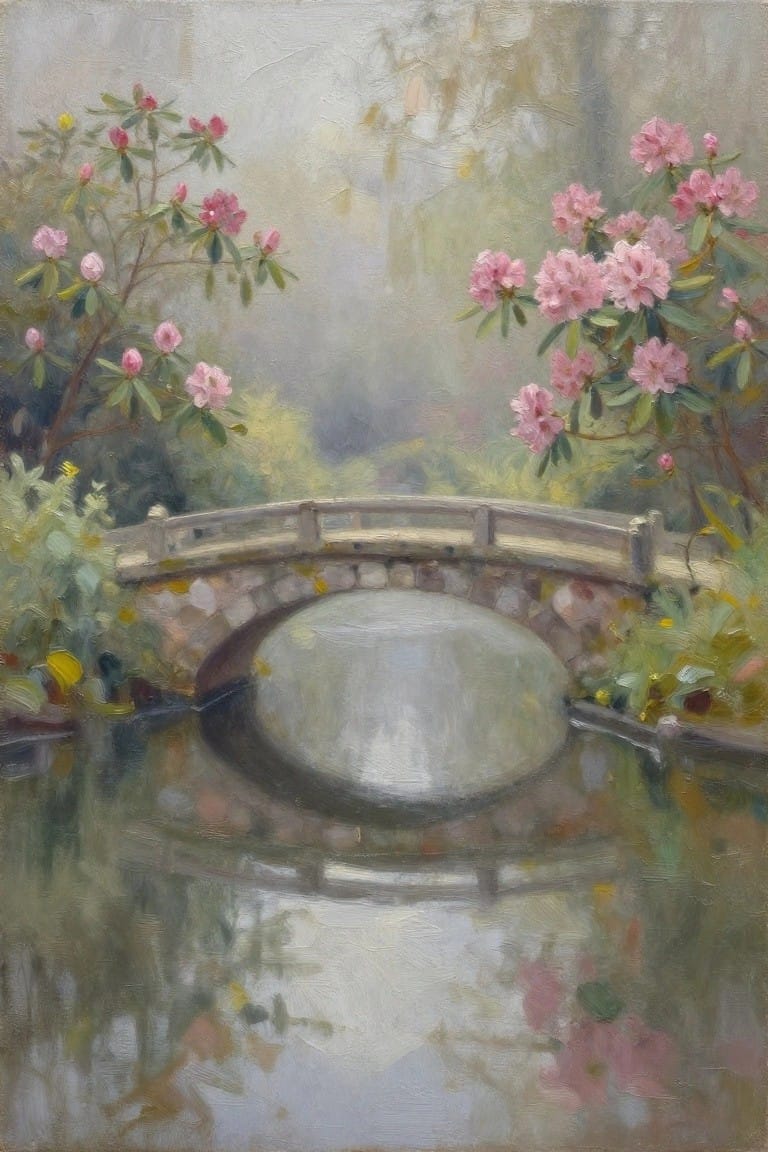 Arched stone bridge over misty water flanked by blooming pink flowers