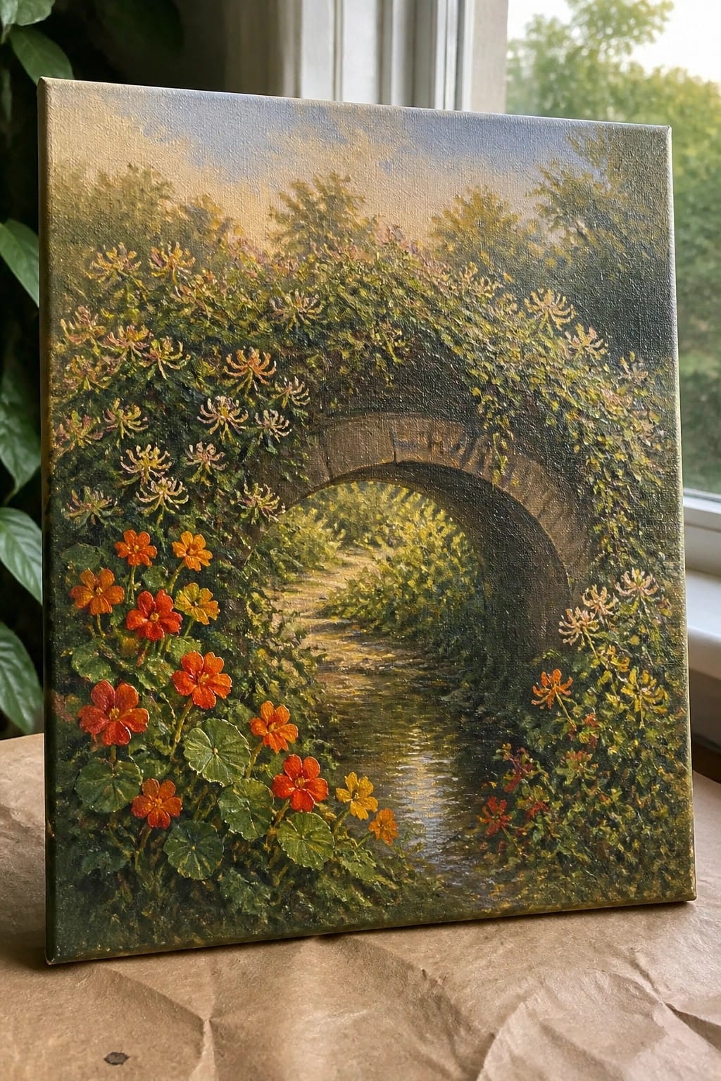 Oil painting of arched stone bridge over stream, framed by orange and yellow flowers.