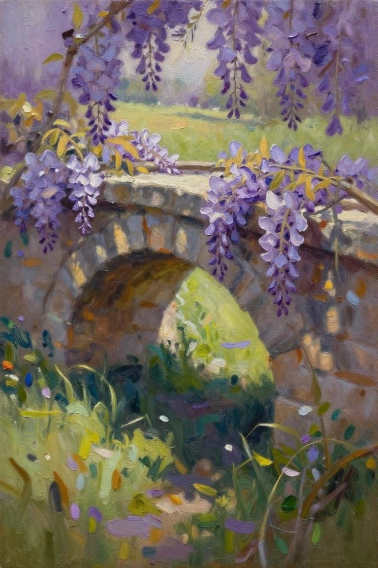 Stone bridge arch draped in purple wisteria over a sunlit green meadow, impressionist painting.