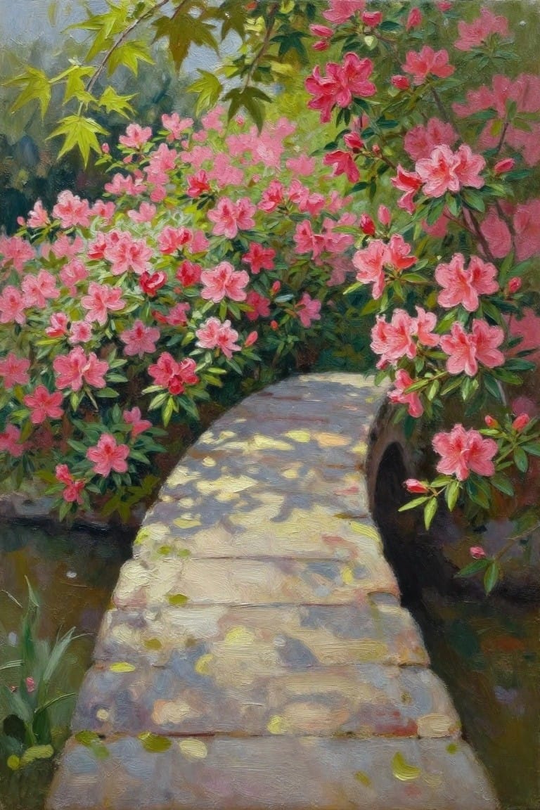 An oil painting of a stone garden bridge path lined with blooming pink azalea bushes and dappled sunlight on the stones.