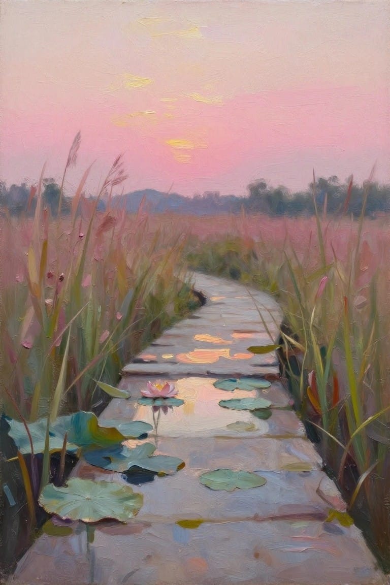 Wooden boardwalk through marsh grasses with lotus flowers under pink sunset sky