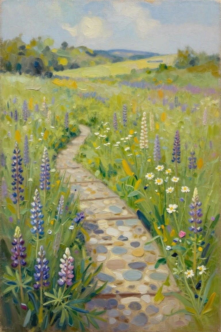 Winding stone path through meadow of purple lupines, daisies, and rolling hills.