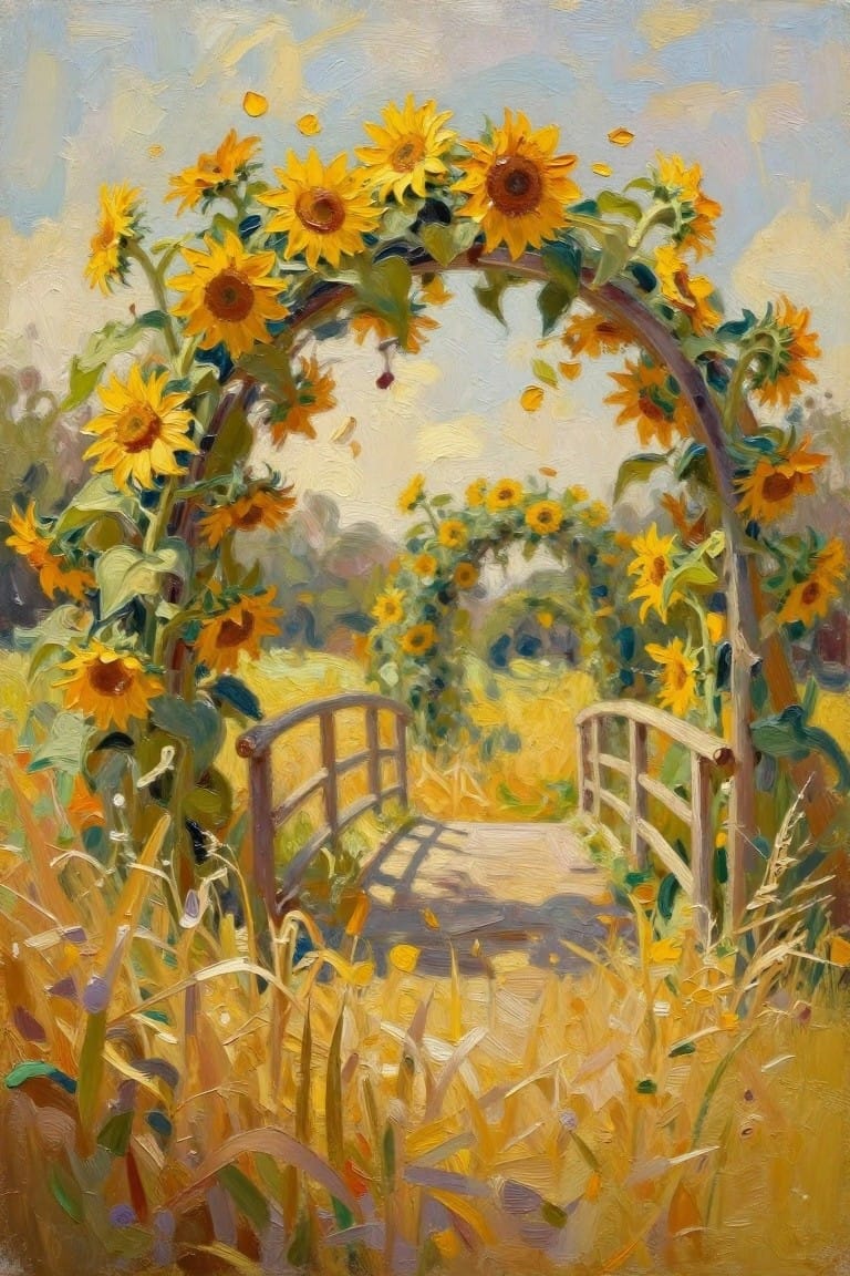 Sunflowers arch over wooden bridges in a vibrant golden field, oil painting.