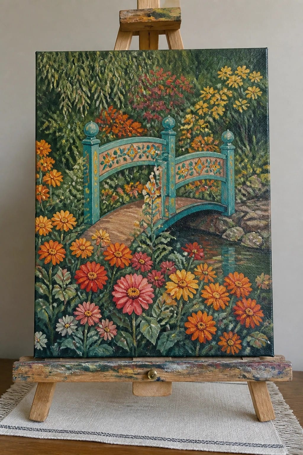 Vibrant painting of ornate turquoise bridge amid colorful orange and red flowers on easel.