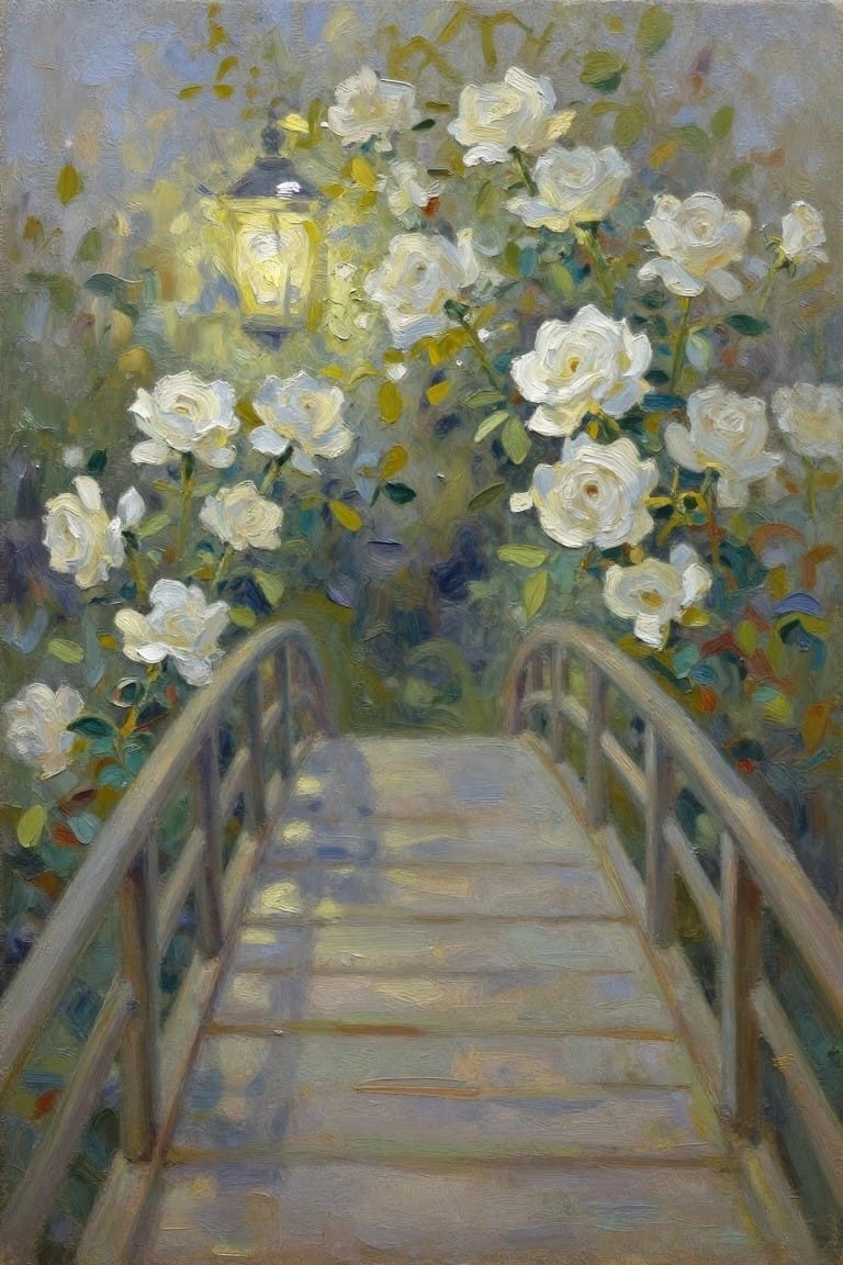 Wooden bridge with railings amid white roses under a glowing lantern in soft light