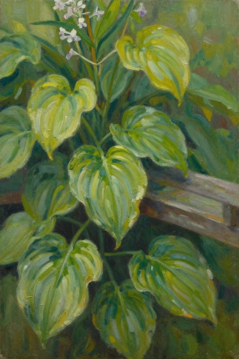 Lush green and yellow leaves with purple flowers beside a wooden railing.