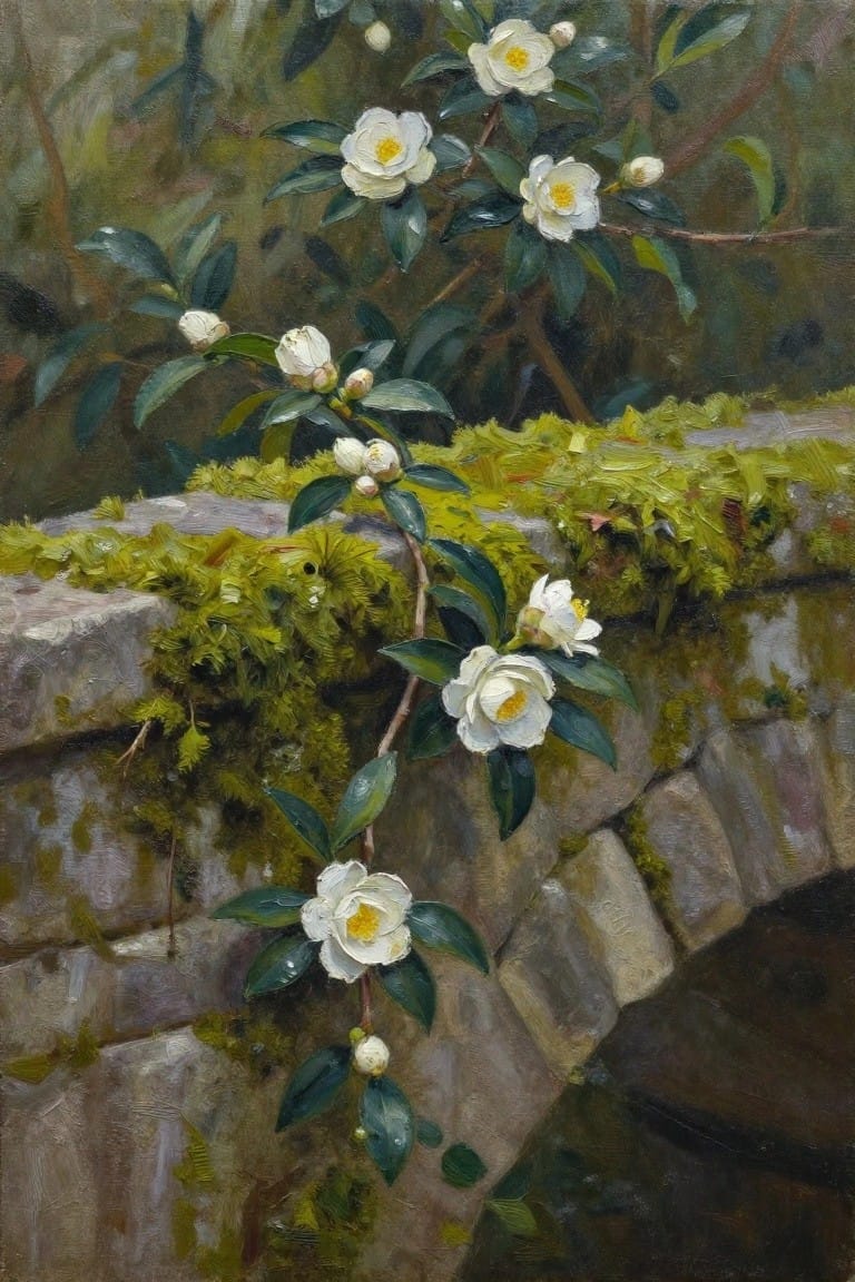 White camellias blooming on moss-covered stone wall in oil painting style.